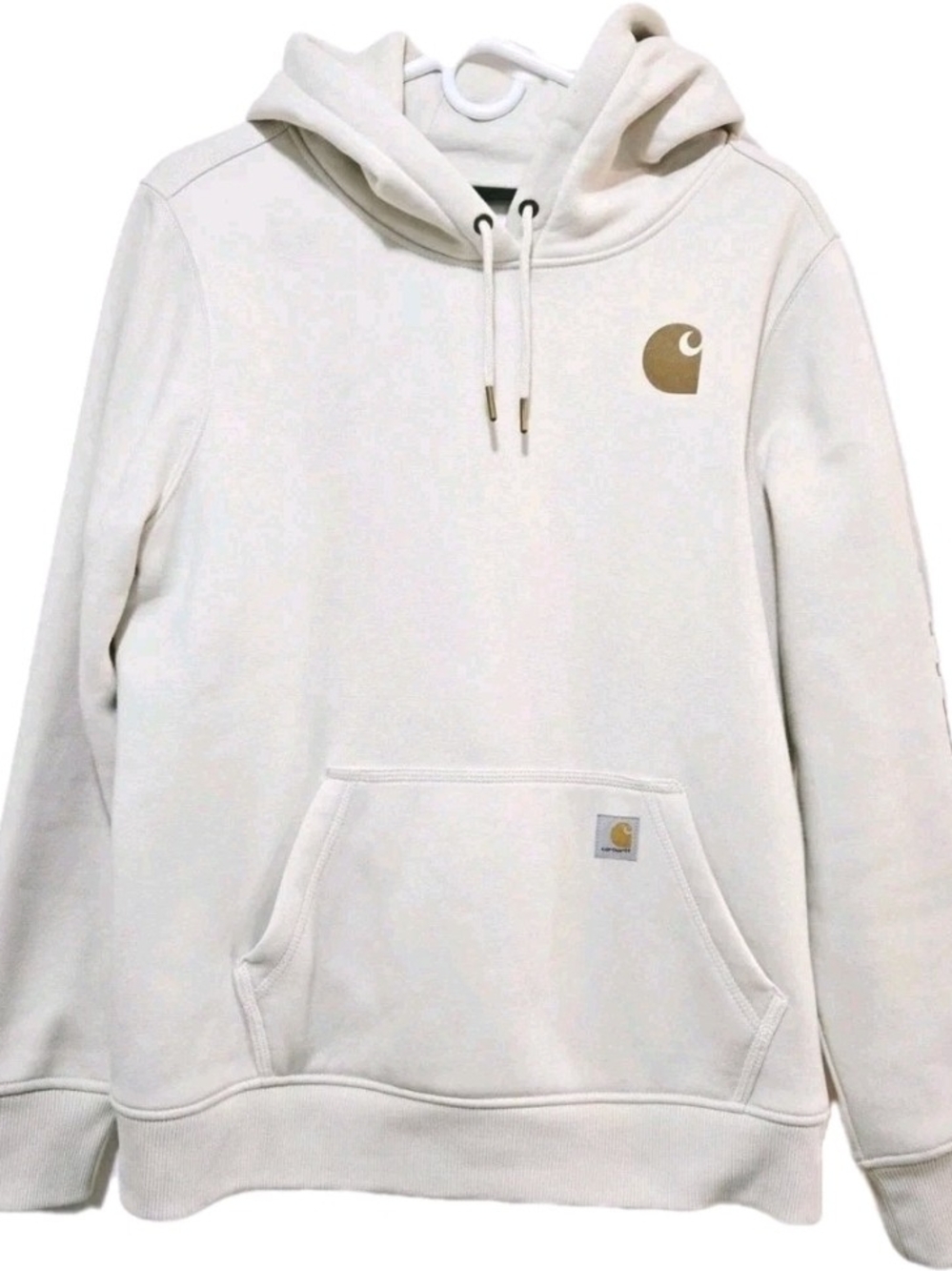 Carhartt Cream Pullover Hoodie Relaxed Fit Womens with Brown Logo L 12-14